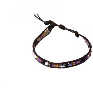 Silventi 710401498 Wikkelarmband met Kralen - Paars - Leer - Donkerbruin - Kralen - 24CM - Bras - Knoopsluiting