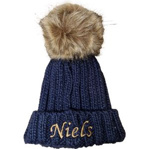 Wintermuts - navy - met naam - geborduurd -baby - peuter -pompom