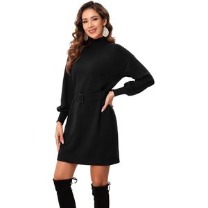Gebreide Jurk Dames Lange Mouwen Coltrui Jurk Elegante Trui Tuniek Jurk Met Riem Zwart L