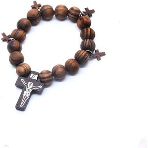 UrbanGoods - Armband - Houten Armband met Kruis - Bruin - Rozenkrans - Jezus Christus