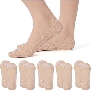 5 paar - No Show Lace-sokken voor dames - Antislip kanten sokken - sokken - antislip - lage onzichtbare bootsokken - Onzichtbare antislipsokken met kant - geschikt voor sneakers , hoge hakken , lage bootschoenen - khaki
