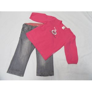 Dirkje - Meisje - Kledingset - T-shirt lange mouw  fuchia + lange broek grijst - 74- 9 maand