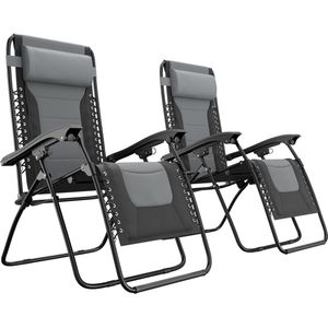 LifeGoods Ligstoelen Comfort - Opvouwbaar - 30°-90° Verstelbaar - Beker en Telefoonhouder - Tuinstoelen - Zwart/Grijs