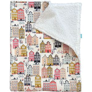 BINK Bedding Wiegdeken Adam / Sherpa offwhite 75 x 100 cm - print met huisjes - Hollandse huisjes - ecru - roze - peach - blue - grijs - mosterdgeel - wieg - kinderwagen - baby