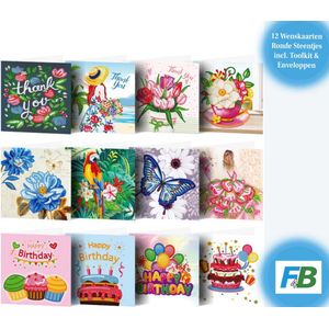 F4B 12-Delig Wenskaarten (2) Diamond Painting 15x15cm | Ronde Steentjes | Met Enveloppen | Verjaardagskaarten | Kaartenset | Cards | Happy Birthday | Kinderen | Pakket Volwassenen en Kinderen