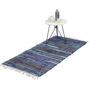 Relaxdays vloerkleed - 70 x 140 cm - tapijt - franjes - chill mat - meerkleurig - blauw