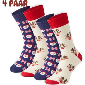 Sokjes.nl® - Kerstsokken - 41-45 - 4 paar - Twee unieke ontwerpen - Naadloos - Perfect kerstcadeau - Happy Kerstsokken