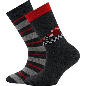 Ewers Kindersokken - 2-PACK - Donkergrijs en Rood met Raceauto/Finishlijn & Grijs en Rood gestreept -23/26