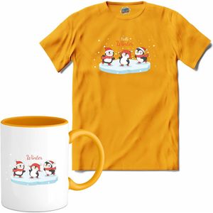 Kerst pinguin buddy's - T-Shirt met mok - Heren - Geel - Maat XXL