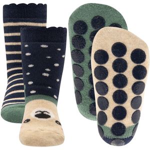 Antislipslof Ewers Dubbelpak - Berenhoofdje / Blauw en Groen met Strepen - Noppen-16/17
