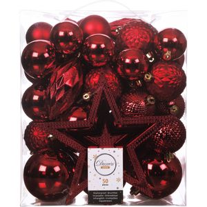 Kerstballen set - 55x stuks incl. ster piek - rood - kunststof