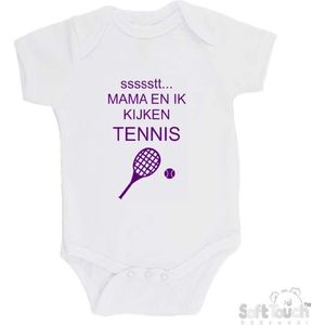 100% katoenen Romper ""ssssstt... Mama en ik kijken tennis"" Meisjes Katoen Wit/paars Maat 62/68