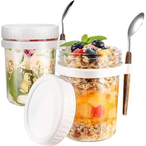 Glazen mueslibeker to go met lepel - 400 ml yoghurtbeker Overnight Oats glazen - Luchtdichte container voor yoghurt - Muesli - Mepal - Pap - Melk - Vruchten (wit)
