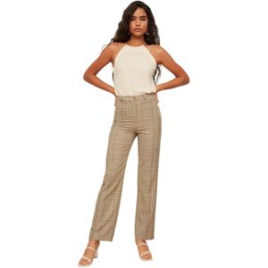 Trendyol Beige Hoge Taille Rechte/Rechte Snit Geweven Geruite Stoffen Broek Twoss22Pl0117