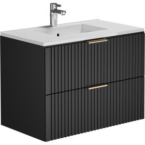Vente-unique Geribbeld hangmeubel voor badkamer met inbouwwastafel - Zwart - 80 cm - ZEVARA L 80 cm x H 57 cm x D 46 cm