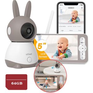 Babyfoon met Full HD camera - 5.0 Inch HD Baby Monitor - 2K 3MPx Camera - Touchscreen Monitor- & Gratis App - Ultrahelder Nachtzicht – Pan-Tilt – 4× Zoom - 64GB KAART