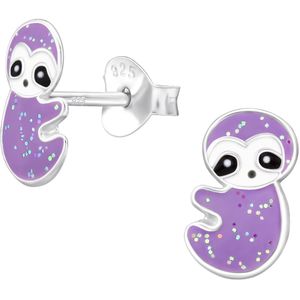 Joy|S - Zilveren luiaard oorbellen - 5.6 x 9.1 mm - paars met glittertjes - kinderoorbellen