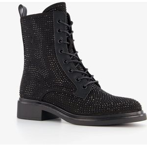 Blue Box dames veterboots met strass steentjes - Zwart - Maat 38