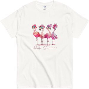 T Shirt Dames Heren met Grappige Zomer Flamingo's - Hello Summer - Wit - S
