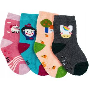 4 paar warme kindersokken - Vrolijke tekeningen - ABS antislip - 16 tot 24 maanden