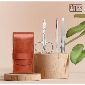 Nippes Solingen Manicure set 3-delig - RVS – WHISKEY - Bruin Leren Etui - Handgemaakt - 25 Jaar Garantie