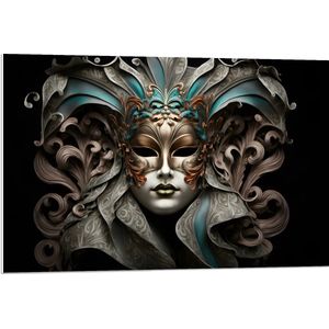 PVC Schuimplaat- Wit Venetiaanse carnavals Masker met Blauwe en Gouden Details tegen Zwarte Achtergrond - 90x60 cm Foto op PVC Schuimplaat