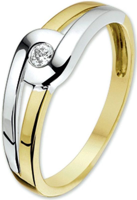Ring - Bicolor - Wit- en Geelgouden Ring - Dames - Met Zirkonia