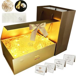 Gouden Geschenkdoos met Strik en Licht | Luxe Geschenkpakket voor Valentijnsdag en andere Gelegenheden