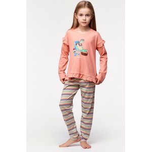 Woody pyjama meisjes/dames - koraal - schildpad - 231-1-PLG-S/491 - maat 140