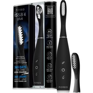 FOREO issa 4 plus sonische elektrische tandenborstel – 4-in-1 AI-gestuurde oplaadbare set met extra siliconen- en polymeren borstelkop, zachte haren, tandenverlichting en ultra-hygiënische reiniging - Black