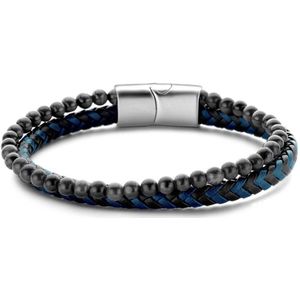 Frank 1967 7FB-0544 Leren Armband - Heren - 2 Strengen - Gevlochten Leer - Zwart Hematiet Kralen - 4 mm Doorsnee - Leder - 21 cm - Extra Schakel in Slot - Donker Blauw - Zwart - Zilverkleurig