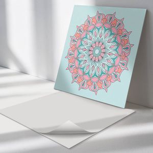 Wallfluent Vinyl Wandpaneel - Mandalapatroon met bladeren Zelfklevend Wandpaneel - 50 cm x 50 cm - Turkoois PVC wandpaneel - Set van 4 - Vierkant Wandbekleding Vinyl - Patroon Wandpaneel - PVC Muurpaneel - Wandpaneel Keuken en Badkamer
