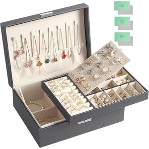 Sieradendoos Organizer met 2 Lagen voor Kettingen, Oorbellen, Armbanden, Ringen en Horloges - Grijs