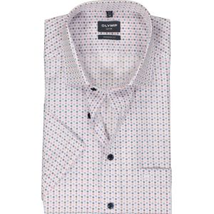 OLYMP modern fit overhemd - korte mouw - popeline - wit met blauw en roze dessin - Strijkvrij - Boordmaat: 42