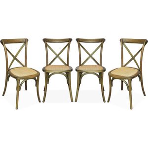 sweeek - Set van 4 houten bistrostoelen, vintage, rotan zitting, stapelbaar