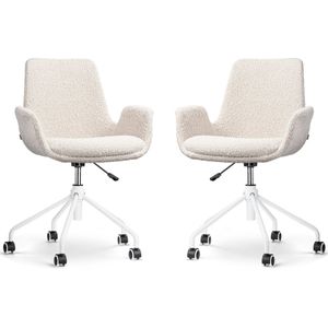 Nolon Nout-Eef Bureaustoelen Set van 2 Bouclé Beige - Stof - Verstelbaar - Wielen - Wit Onderstel - Lage Armleuning - Modern - Design