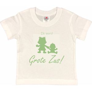 Shirt Aankondiging zwangerschap Ik word grote zus! 2.0 | korte mouw | wit/sage green (saliegroen) | maat 110/116 zwangerschap aankondiging bekendmaking Baby big sis sister