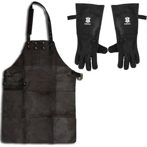Leren Schort met Handschoenen – Soepel Zwart Leer - Barbecueschort - Keukenschort Man – 81 x 56 cm