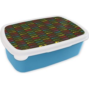 Broodtrommel Blauw - Lunchbox - Brooddoos - Potloden - Patronen - Stift - Regenboog - 18x12x6 cm - Kinderen - Jongen