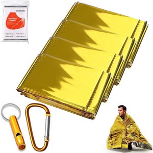 waterdichte overlevingsdeken - Reflecterende thermische nooddeken, reddingsdekens, overlevings thermische deken, thermische deken, nooddeken, 160 x 210 cm, goud + zilver 4 stuks, 1 fluitje, 1 karabijnhaak - voor buiten, wandelen, kamperen - Cyslmuk®