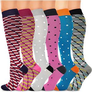 6 paar Interessante patronen compressiekousen voor dames en heren, kniekousen met aflopende ondersteuning voor reizen en vluchten(L-XL)