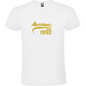 Wit T-Shirt met “Awesome sinds 1990 “ Afbeelding Goud Size XL