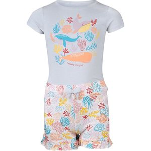 Een Super leuke meisje Shortama met lieve Walvissen. In de kleur licht blauw. Maat 92/98. Van het bekende merk PEBBLE STONE