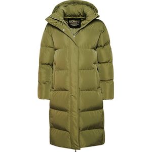 Superdry Longline Hooded Puffer Coat Dames Jas - Wild Khaki - Maat L