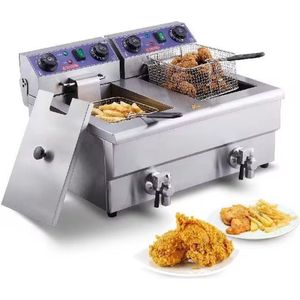 Dubbele Frituurpan - Commerciële Elektrische Friteuse - Met Afvoerkraan - Timer - Dubbele Tanks - 12l - 3000W - 2x 1500W - Roestvrijstalen Friteuse - Afzonderlijke Schakeling
