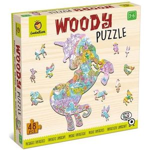 Ludattica Puzzels: WOODY PUZZEL LANDSCHAP 25x35cm, 48-delig, 12 figuurtjes, in hout , 3+ - Houten puzzel Eenhoorn