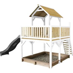 AXI Atka Speeltoestel in Bruin/Wit - Speeltoren met Verdieping, Zandbak en Grijze Glijbaan - FSC hout - Speelhuisje op palen met veranda voor kinderen - Speeltoestel voor de tuin / buiten
