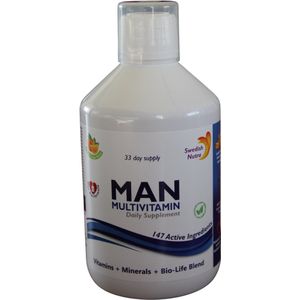 Man Multivitamine van Swedish Healthbrand is een unieke mix van vitaminen en mineralen.Deze blend Man multivitamine en is nog eens gemixt met ijzer, amino zuren, vitaminen A, C, D, E, K en alle 8 B-vitaminen
