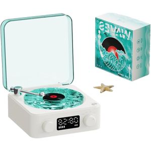 Vintage Record Player Style Bluetooth Speaker with Night Light and Time Display - Portable Stereo CD Player for Bedroom, Office, Party (WHITE) by Waves
