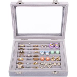 Kurtzy - Grijs Velours Sieraden Doos - Tray met 7 Slots - Helder Glazen Deksel
